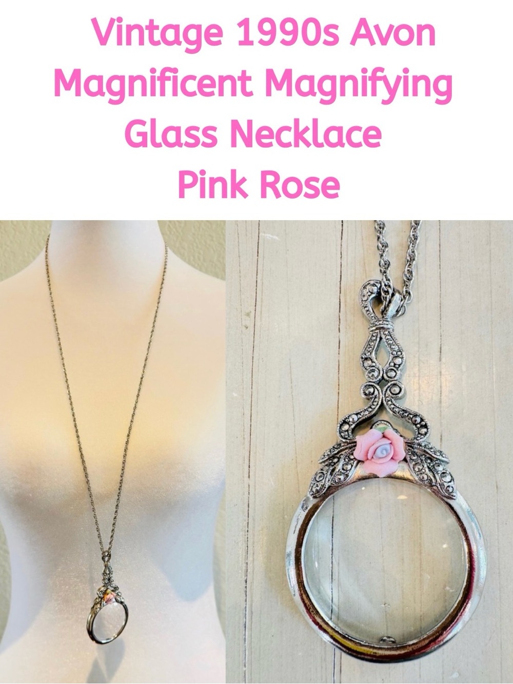 Vintage 1990s Avon Magnificent Magnifying Glass Necklace Pink Rose - 30”